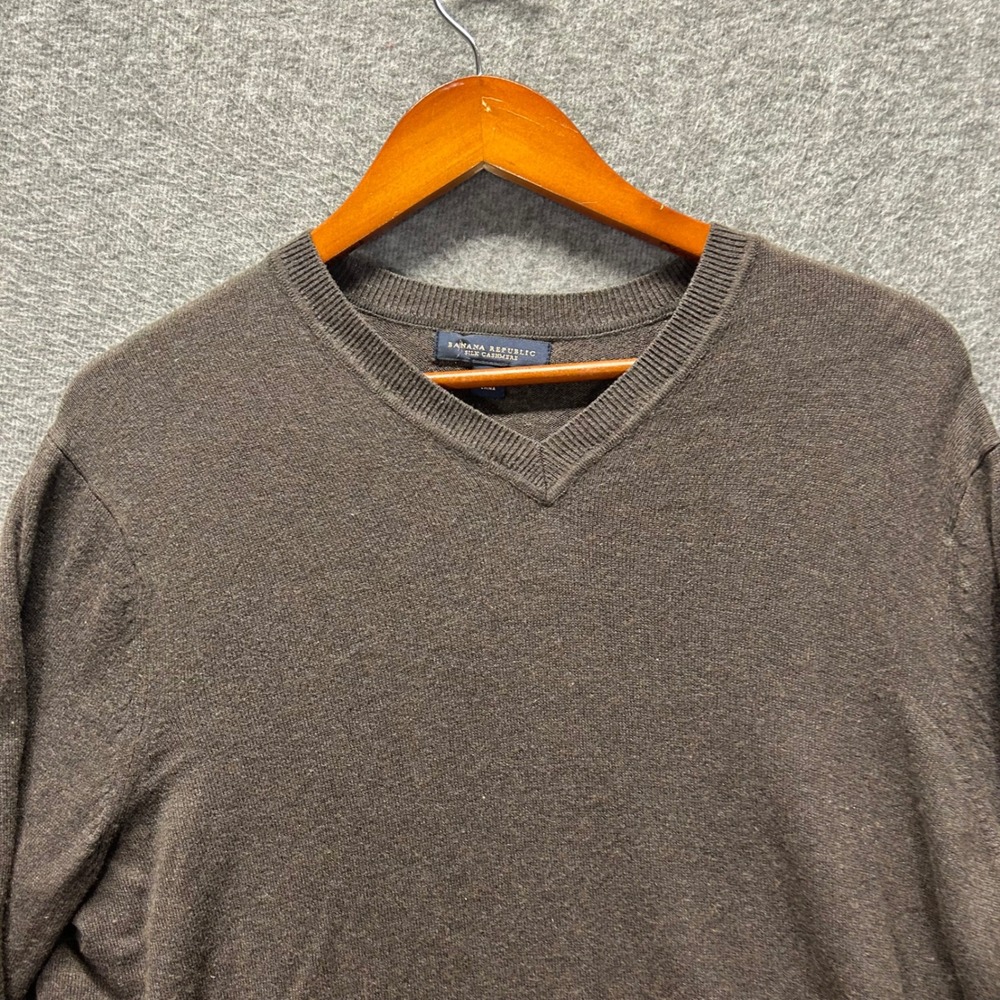 Banana Republic Mens V Neck Sweater Dark Brown Silk Cashmere Size L